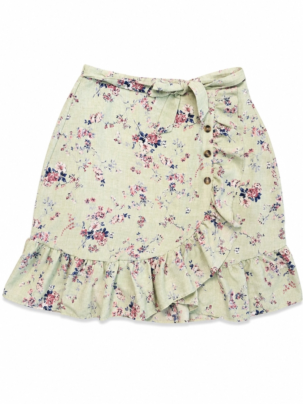 Knitworks Floral Ruffle Wrap Skirt - Sage Green with Pink & Navy